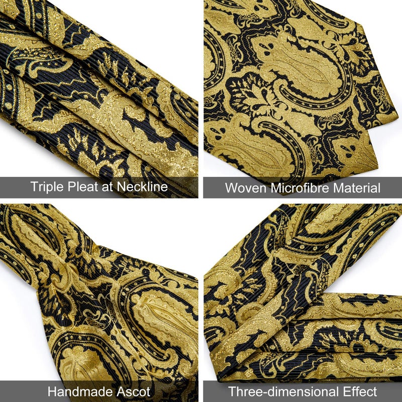 DiBanGu Black Gold Ascot Ties for Men Cravat Tie and Pocket Square Set Jacquard Silk Ascot Paisley Cravat for Men - Image 4